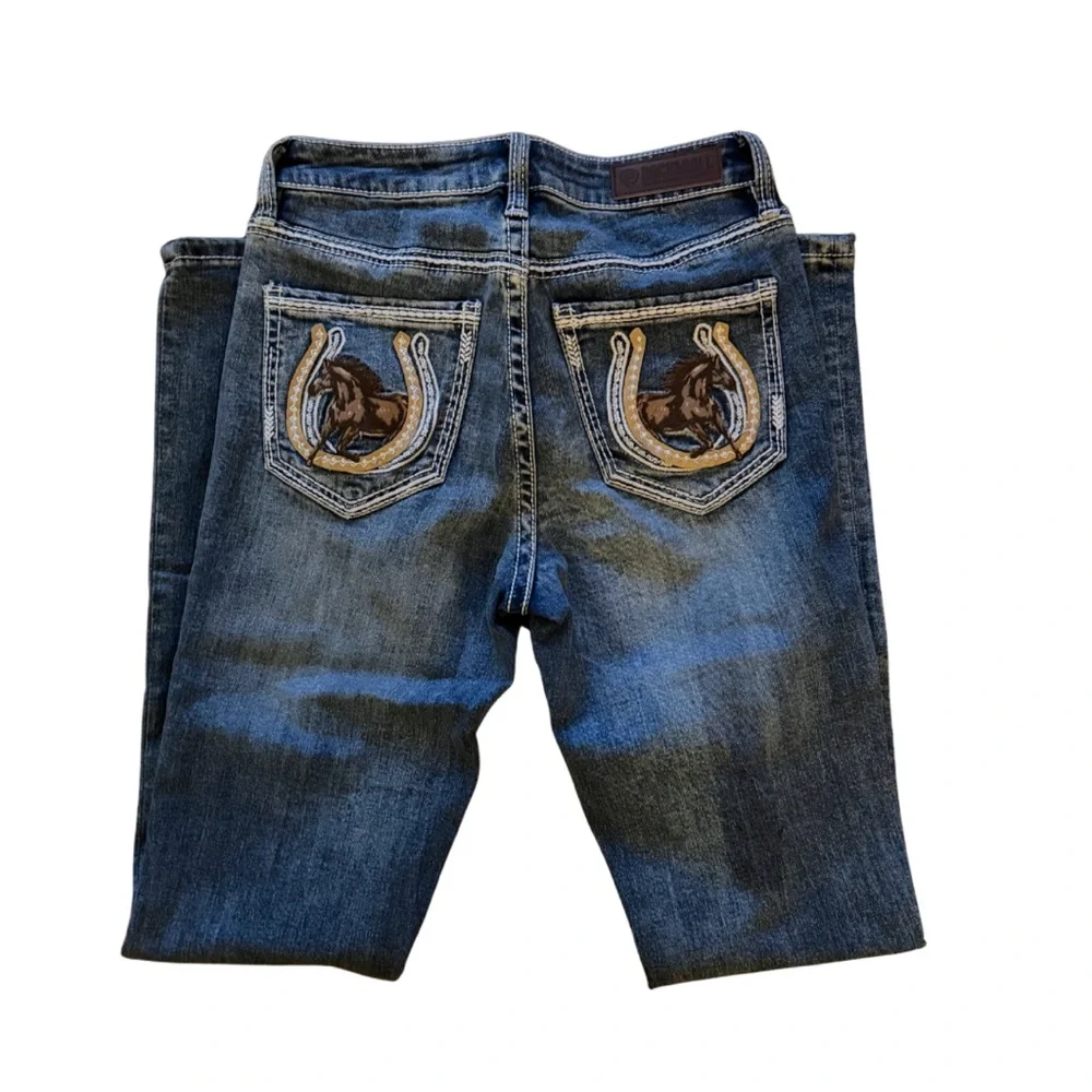 Women’s Rock&Roll Denim Bootcut w26 l32 Blue Jeans with Horse Embroidered Pocket - Picture 4 of 6